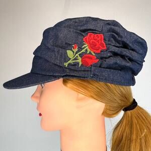 Women's Denim Embroidered Red Rose Flowers Green Leaves Blue Jean Lined Cap Hat